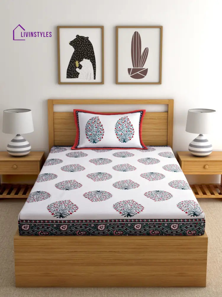 Screen Print Floral White Color Cotton Single Bedsheet With 1 Pillow Cover