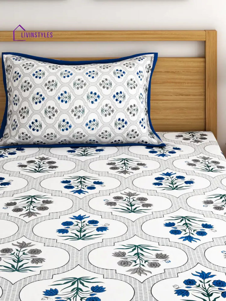 Screen Print Floral White Color Cotton Single Bedsheet With 1 Pillow Cover
