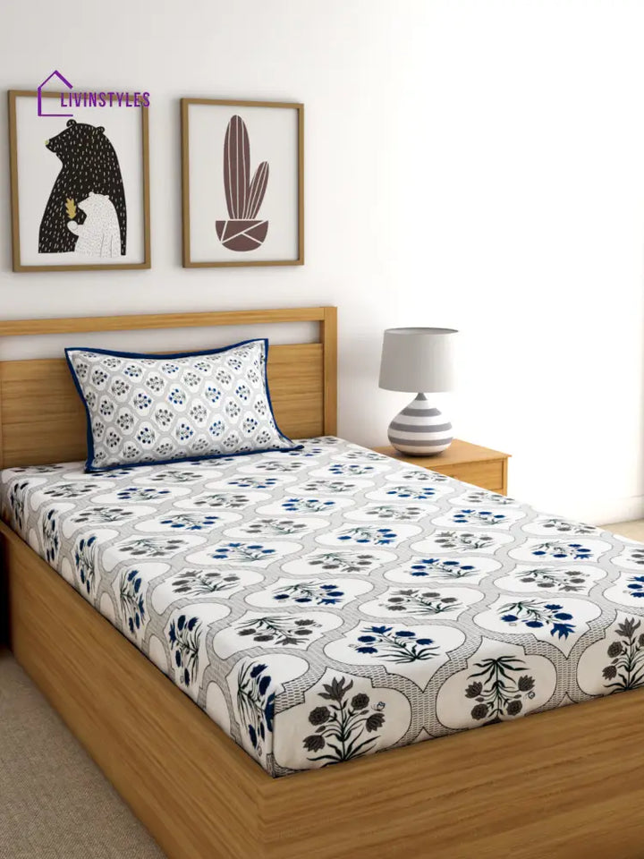 Screen Print Floral White Color Cotton Single Bedsheet With 1 Pillow Cover