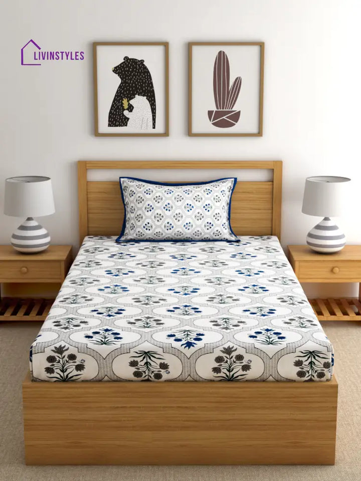 Screen Print Floral White Color Cotton Single Bedsheet With 1 Pillow Cover