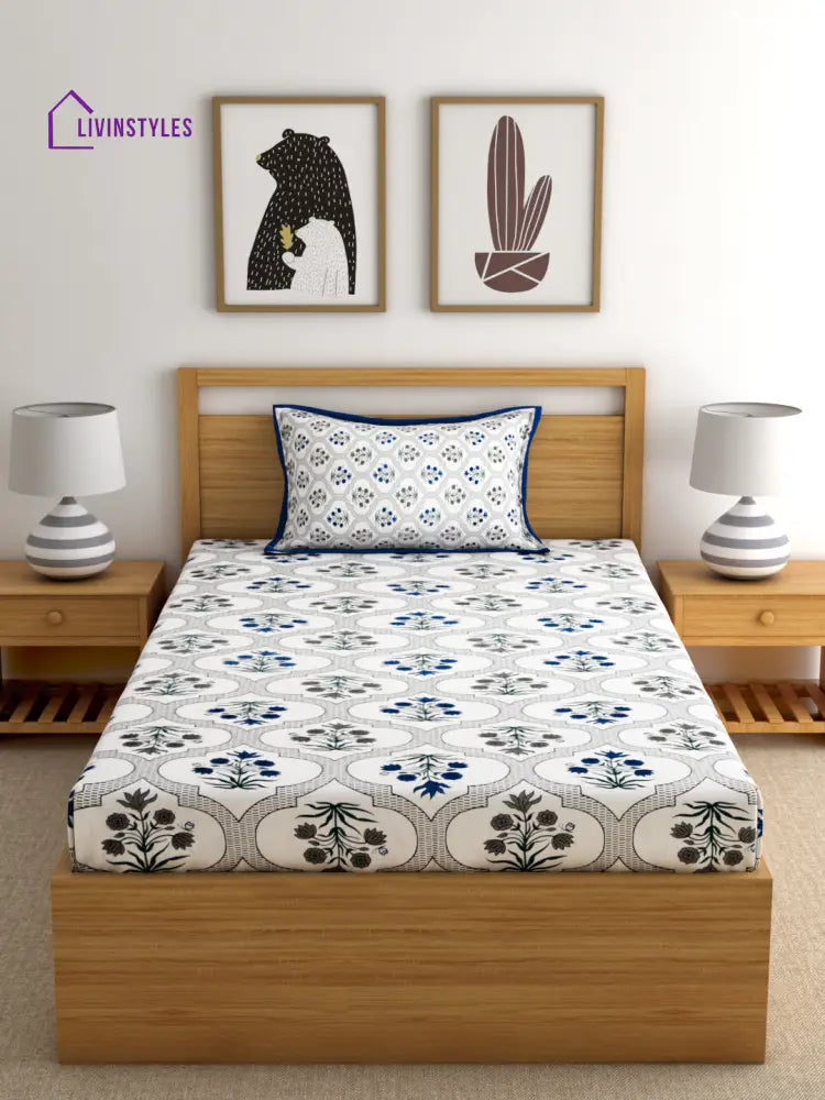 Screen Print Floral White Color Cotton Single Bedsheet With 1 Pillow Cover