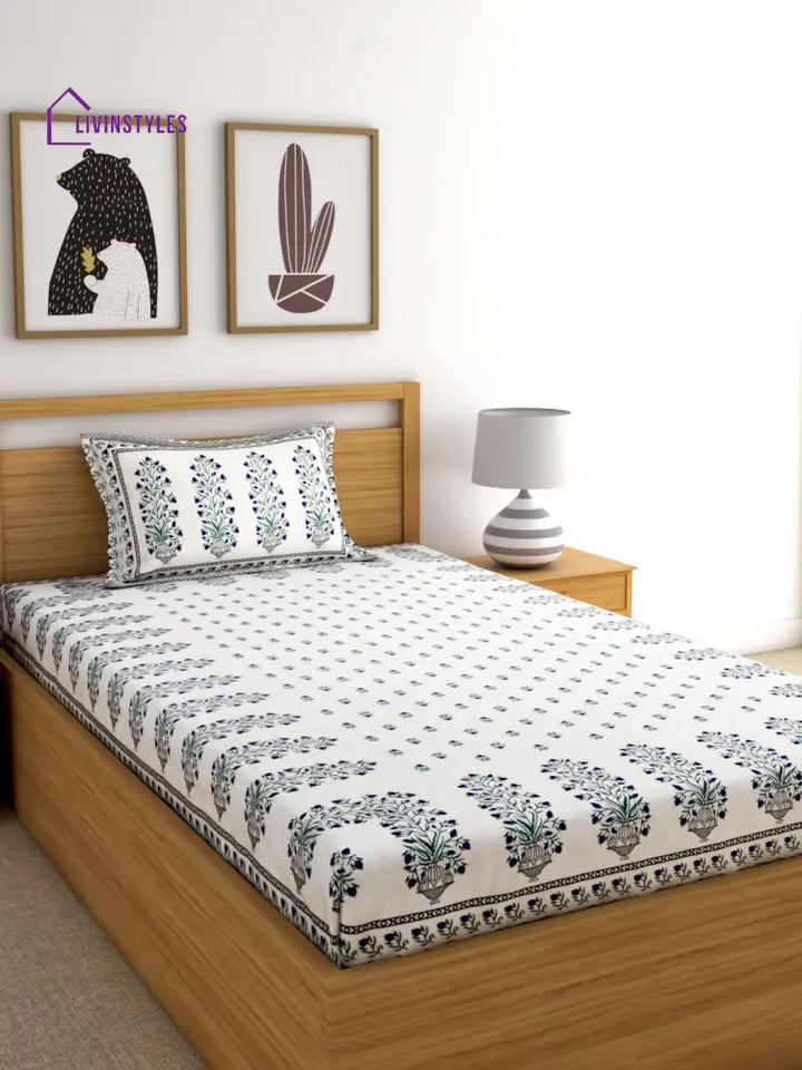Screen Print Floral White Color Cotton Single Bedsheet With 1 Pillow Cover