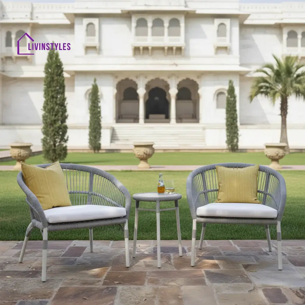 Scry Outdoor Patio Seating Set 2 Chairs and 1 Table Set (Silver + White) Braided & Rope - Coffee Table Sets