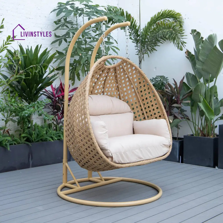 Scutari Double Seater Hanging Swing With Stand For Balcony Garden Swing (Honey) - Beige - Swings