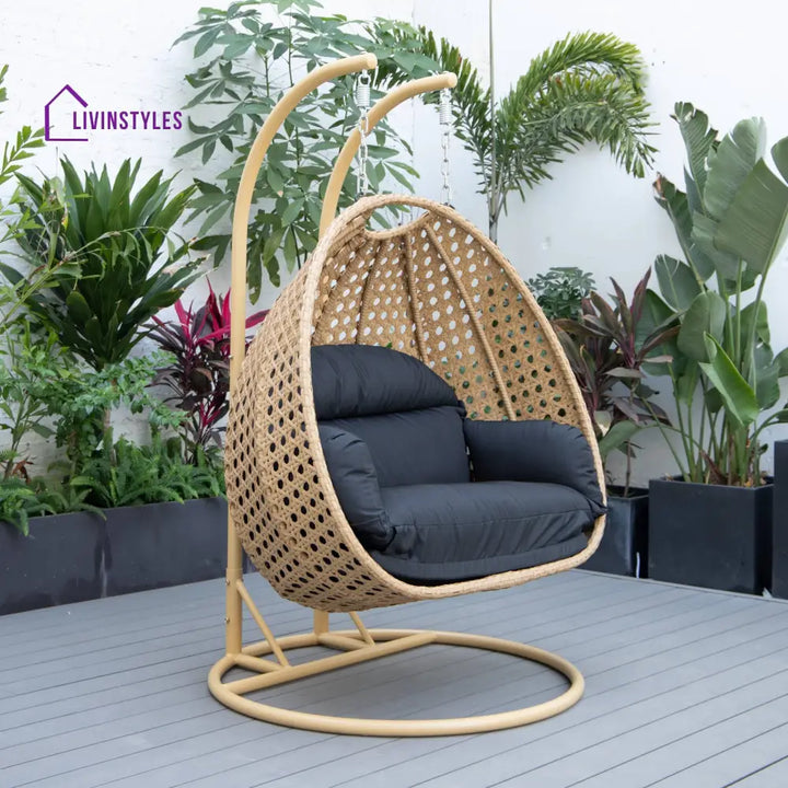 Scutari Double Seater Hanging Swing With Stand For Balcony Garden Swing (Honey) - Black - Swings