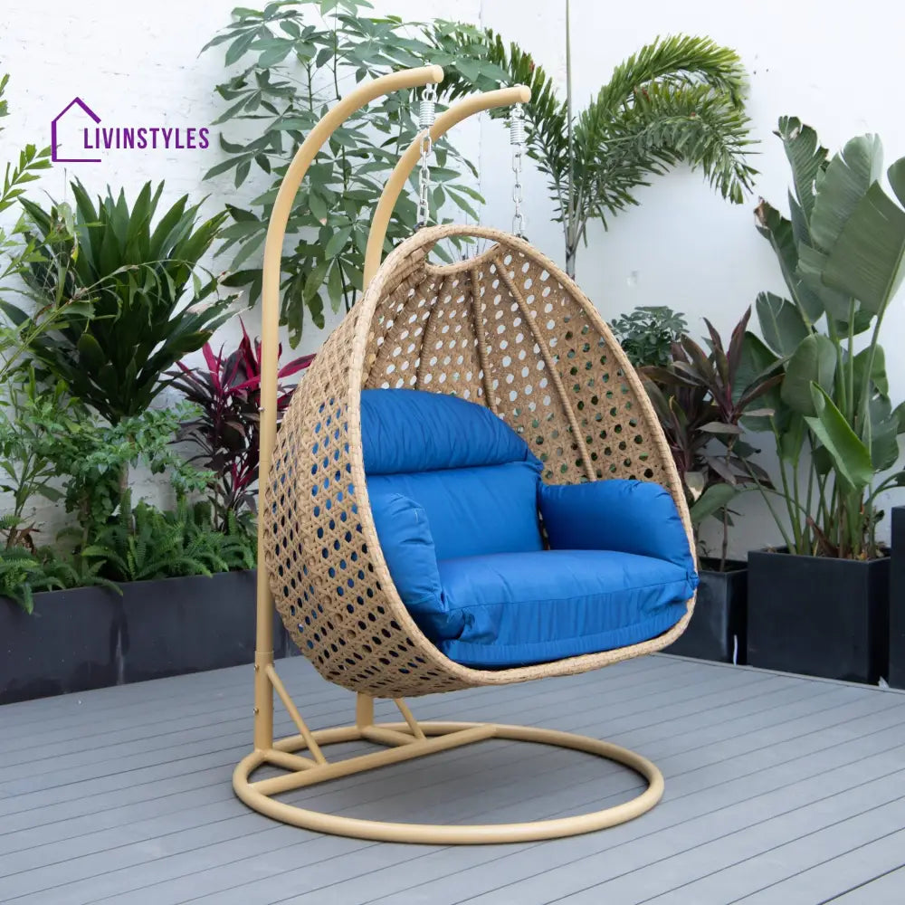 Scutari Double Seater Hanging Swing With Stand For Balcony Garden Swing (Honey) - Blue - Swings
