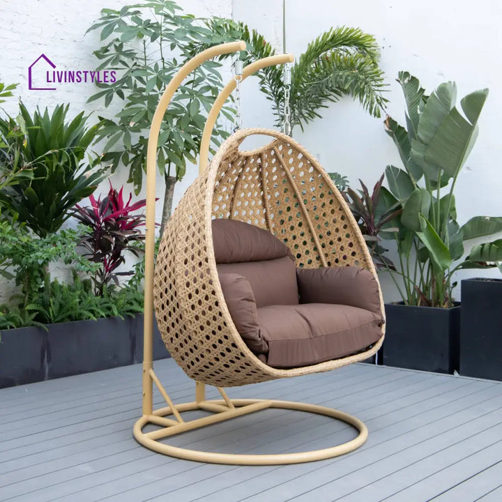 Scutari Double Seater Hanging Swing With Stand For Balcony Garden Swing (Honey) - Brown - Swings