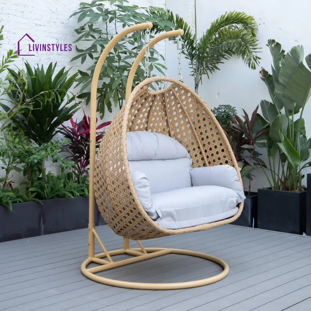 Scutari Double Seater Hanging Swing With Stand For Balcony Garden Swing (Honey) - Light Grey - Swings