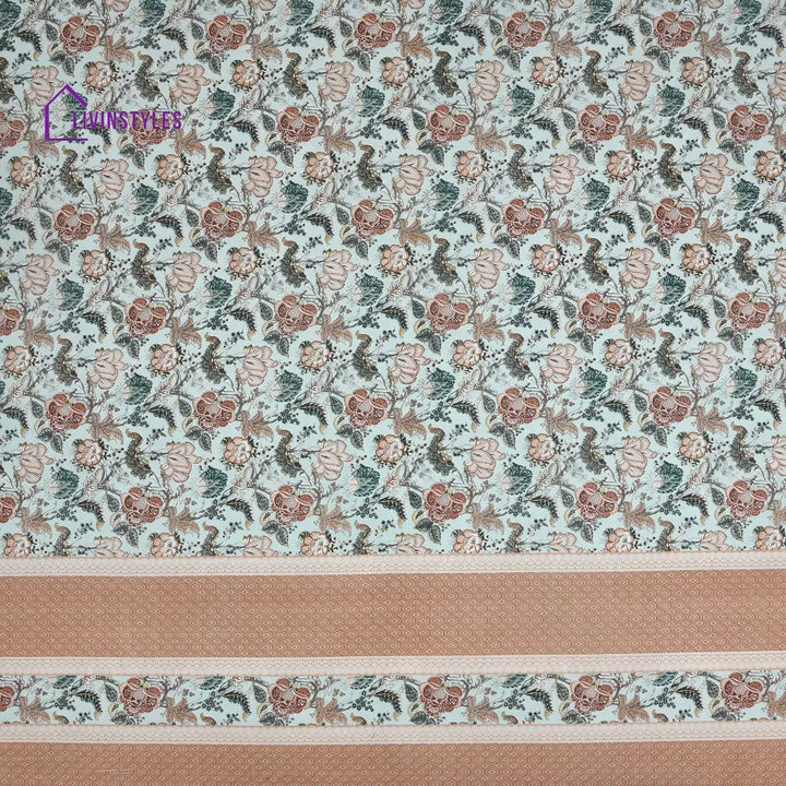 Sea Green And Beige Floral Print Super King Cotton Bed Sheet With 2 Pillow Covers