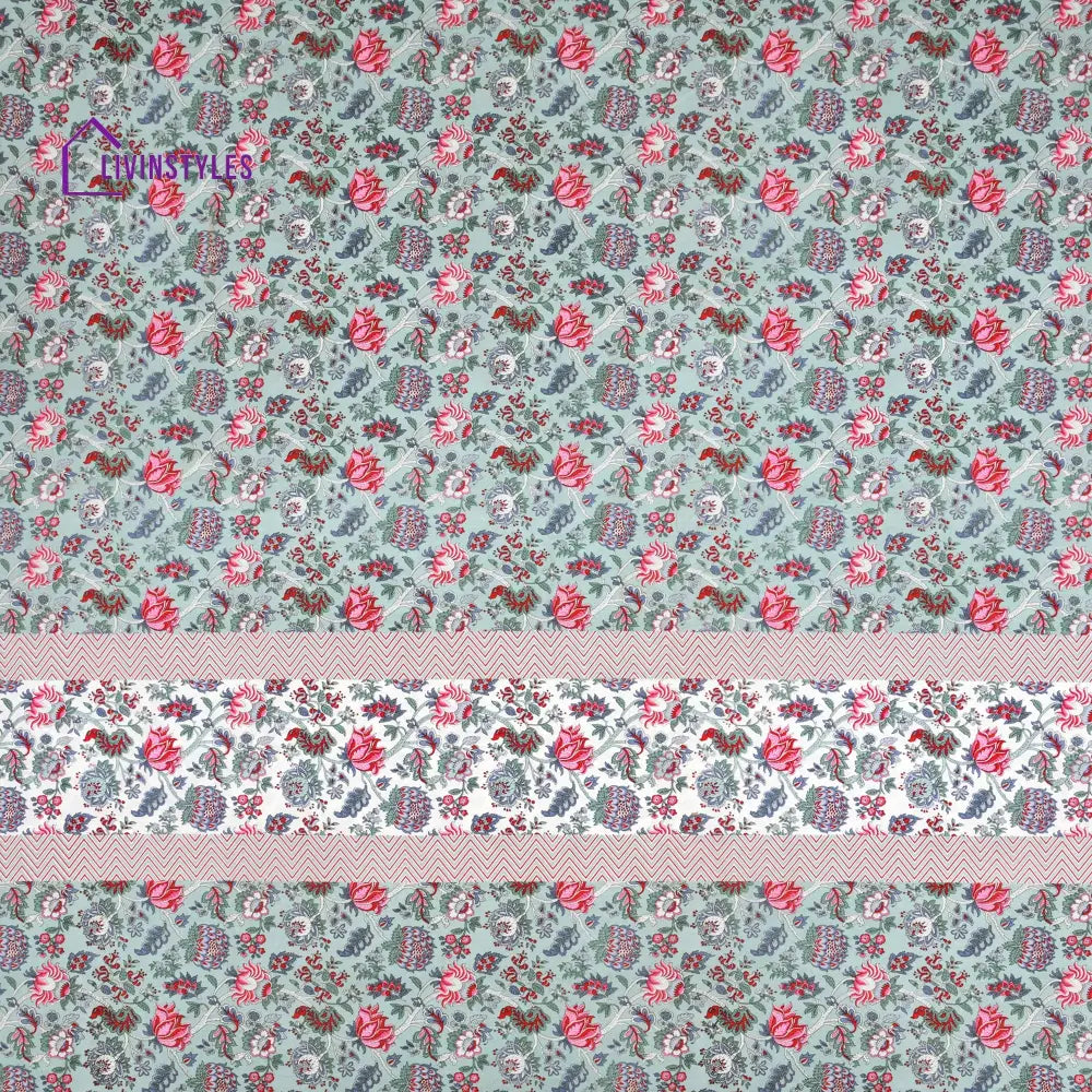 Sea Green And White Floral Print Super King Cotton Bed Sheet With 2 Pillow Covers