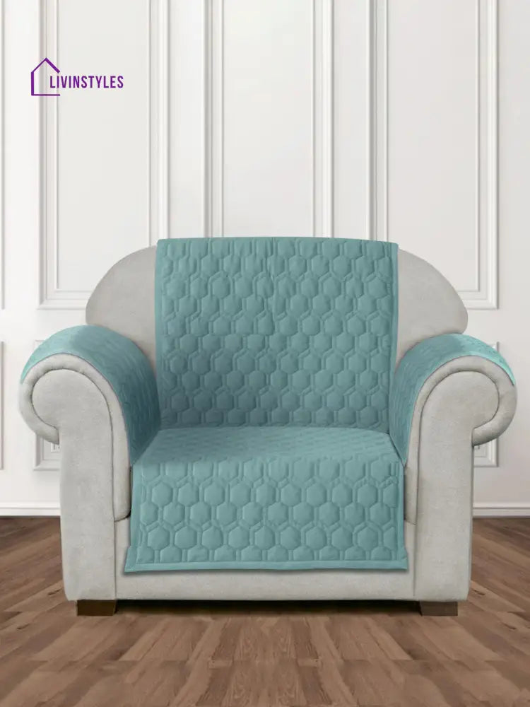 Sea Green Honey Comb Quilted Velvet 1 Seater Sofa Cover With 2 Pcs Hand Rest Slip Cover Sofa
