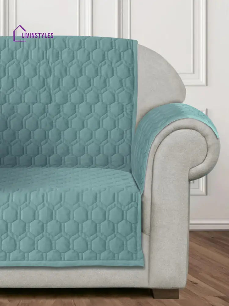 Sea Green Honey Comb Quilted Velvet 3 Seater Sofa Cover With 2 Pcs Hand Rest Slip Cover Sofa