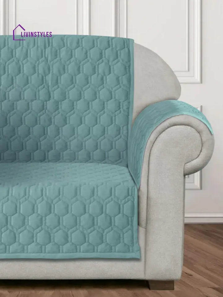 Sea Green Honey Comb Quilted Velvet 3 Seater Sofa Cover With 2 Pcs Hand Rest Slip Cover Sofa