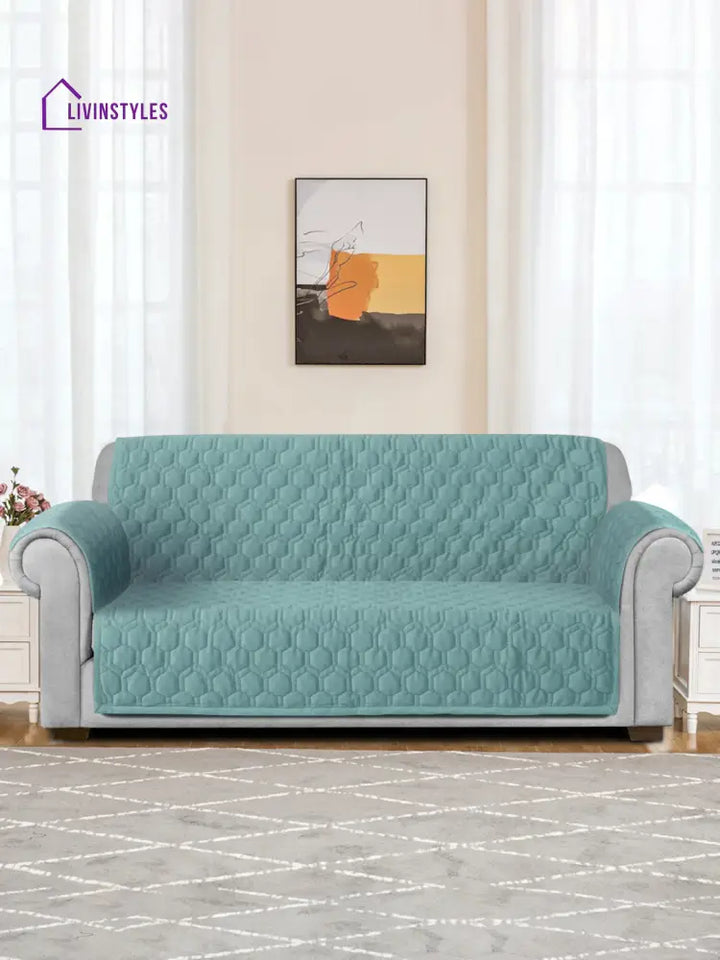 Sea Green Honey Comb Quilted Velvet 3 Seater Sofa Cover With 2 Pcs Hand Rest Slip Cover Sofa
