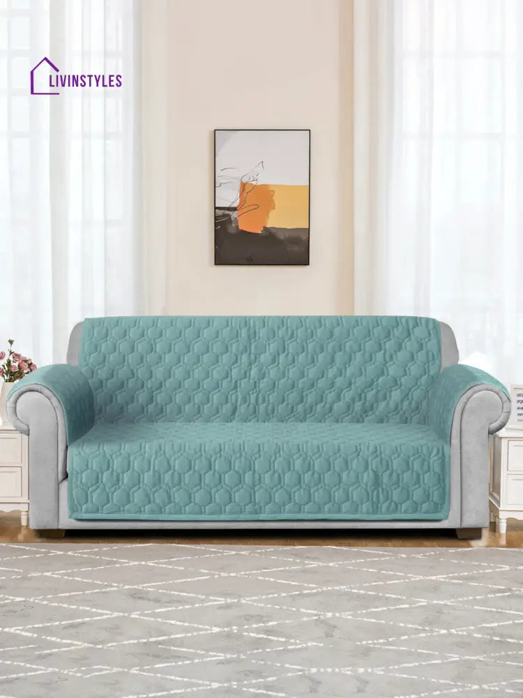 Sea Green Honey Comb Quilted Velvet 3 Seater Sofa Cover With 2 Pcs Hand Rest Slip Cover Sofa