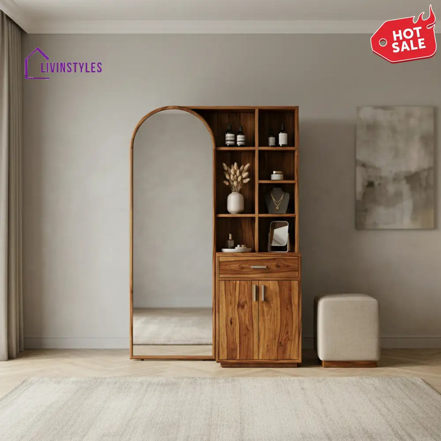 Sebastian Sheesham Wood Dressing Table with Mirror and Storage (Honey Finish)
