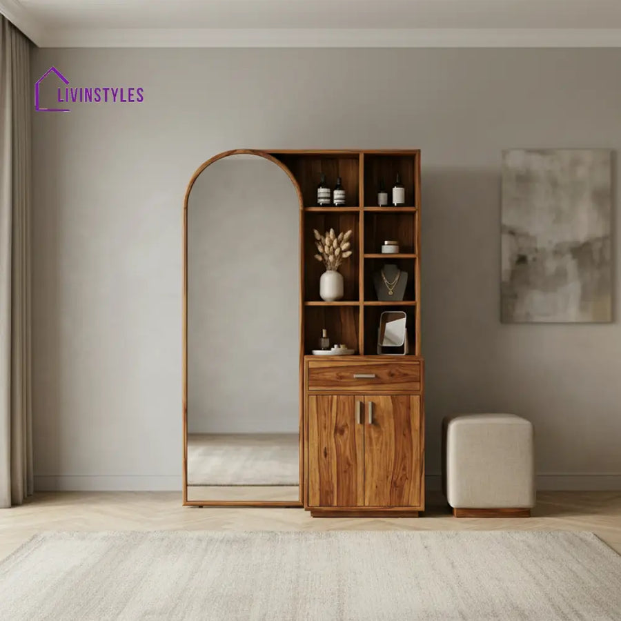 Sebastian Sheesham Wood Dressing Table with Mirror and Storage (Honey Finish)