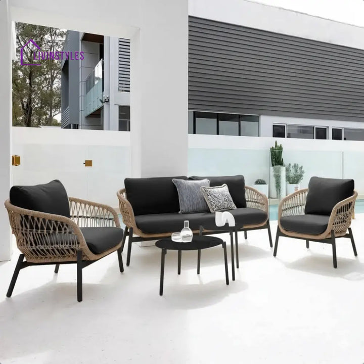 Seibi Outdoor Garden Balcony Sofa Set 2 Seater 2 Single Seater 2 Center Table Set Braided and Rope - Beige-Black - Sofa