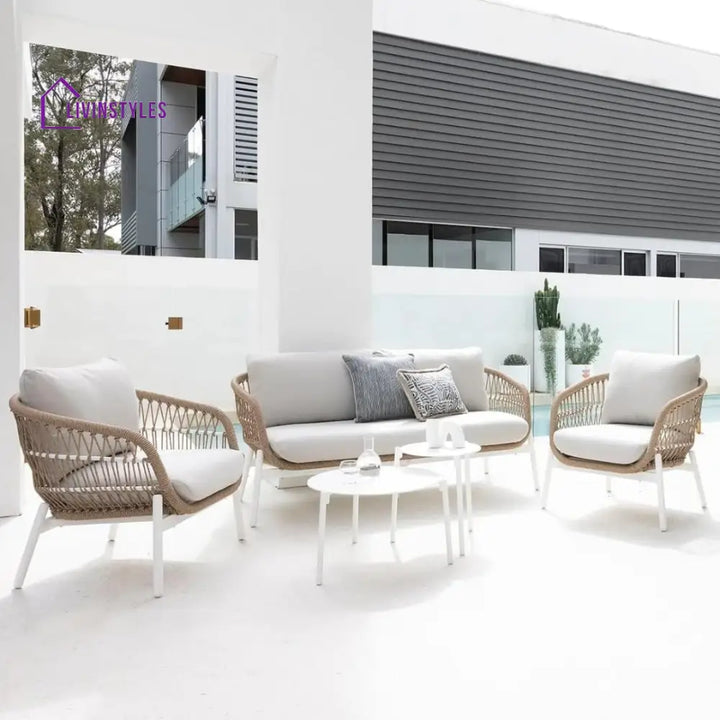 Seibi Outdoor Garden Balcony Sofa Set 2 Seater 2 Single Seater 2 Center Table Set Braided and Rope - Beige - Sofa Sets