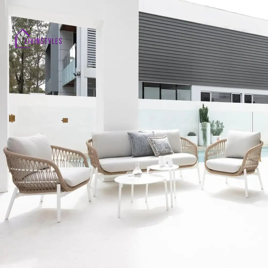Seibi Outdoor Garden Balcony Sofa Set 2 Seater 2 Single Seater 2 Center Table Set Braided and Rope - Beige - Sofa Sets