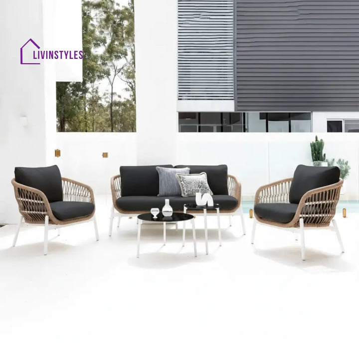 Seibi Outdoor Garden Balcony Sofa Set 2 Seater 2 Single Seater 2 Center Table Set Braided and Rope - Beige-White - Sofa