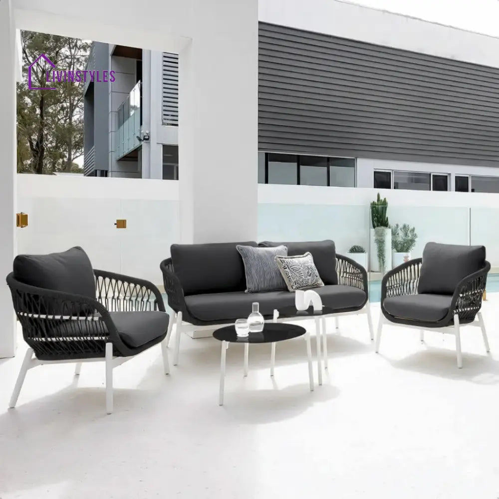 Seibi Outdoor Garden Balcony Sofa Set 2 Seater 2 Single Seater 2 Center Table Set Braided and Rope - Black-Black - Sofa