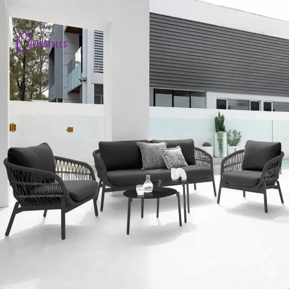 Seibi Outdoor Garden Balcony Sofa Set 2 Seater 2 Single Seater 2 Center Table Set Braided and Rope - Black - Sofa Sets