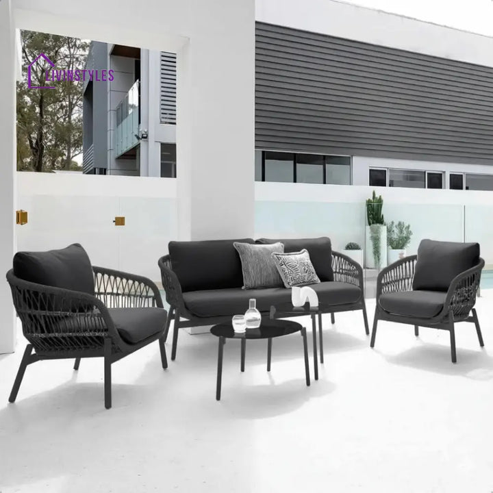 Seibi Outdoor Garden Balcony Sofa Set 2 Seater 2 Single Seater 2 Center Table Set Braided and Rope - Black - Sofa Sets