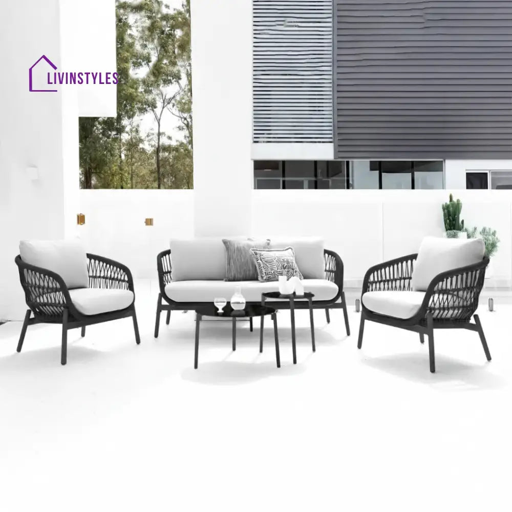Seibi Outdoor Garden Balcony Sofa Set 2 Seater 2 Single Seater 2 Center Table Set Braided and Rope - Black-White - Sofa