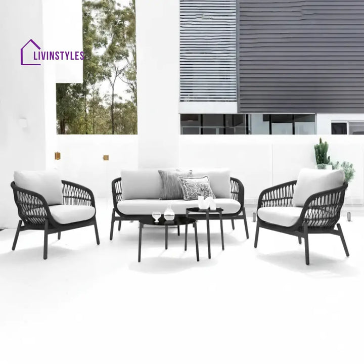 Seibi Outdoor Garden Balcony Sofa Set 2 Seater 2 Single Seater 2 Center Table Set Braided and Rope - Black-White - Sofa