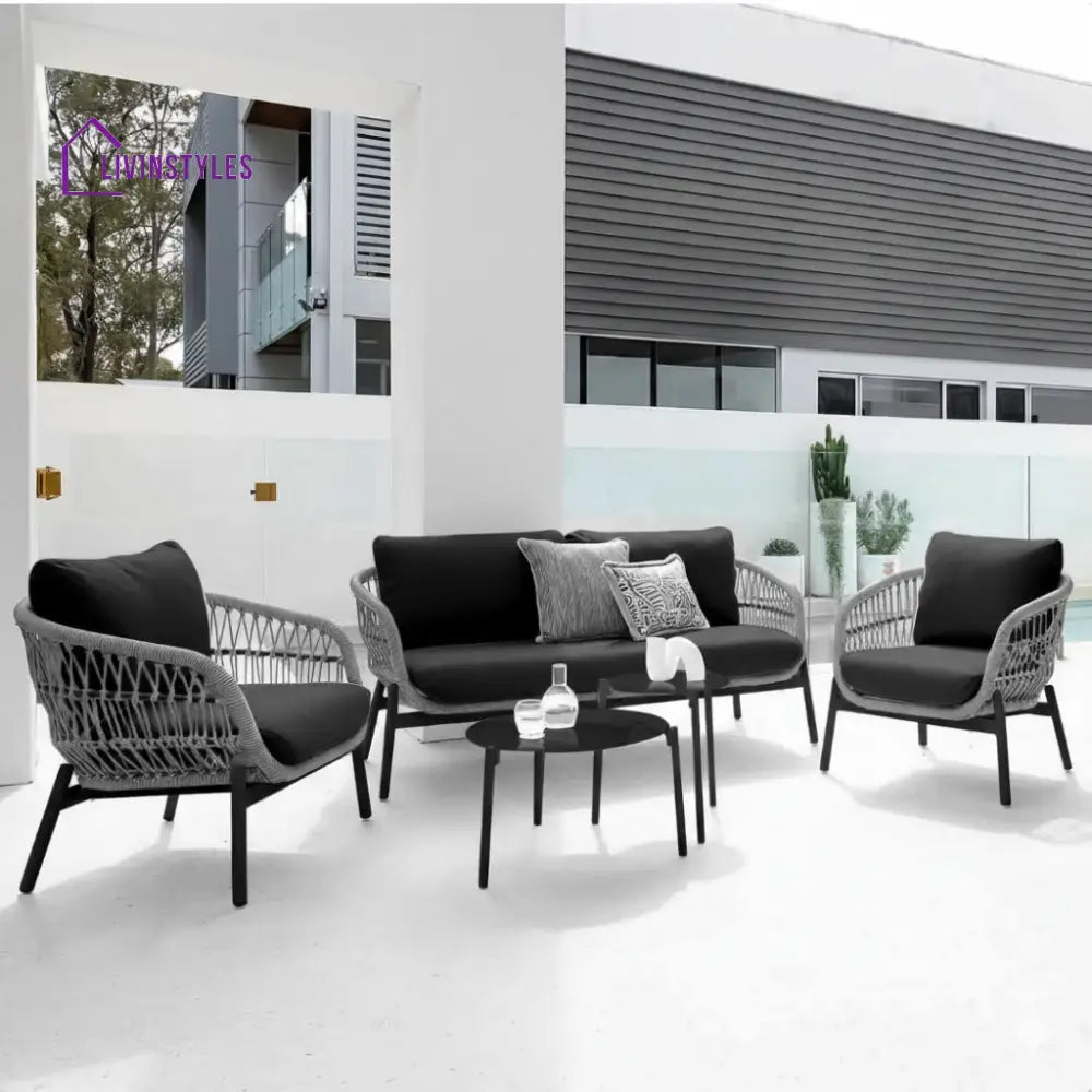 Seibi Outdoor Garden Balcony Sofa Set 2 Seater 2 Single Seater 2 Center Table Set Braided and Rope - Grey-Black - Sofa