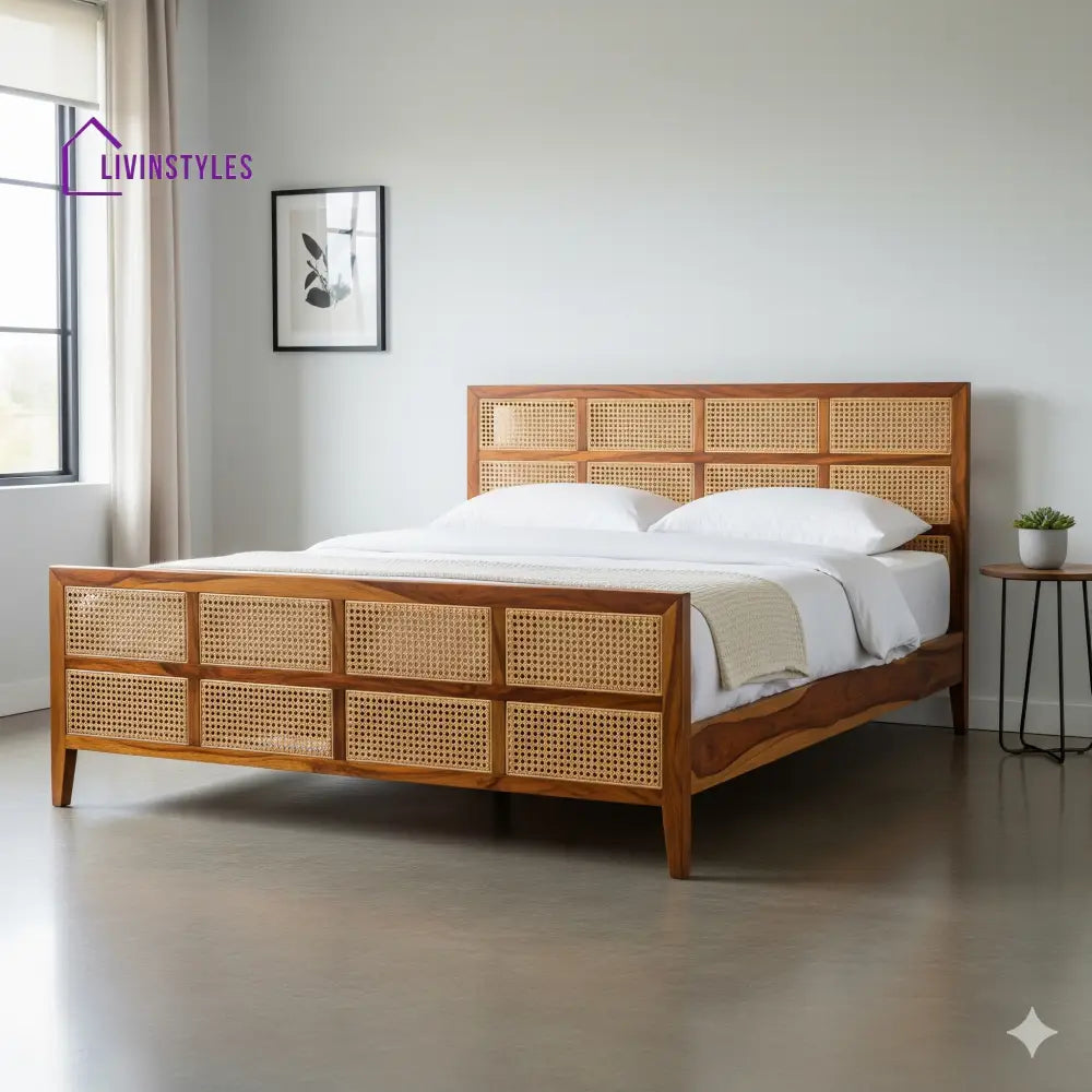 Sejal Sheesham Wood & Cane Bed – Honey Finish