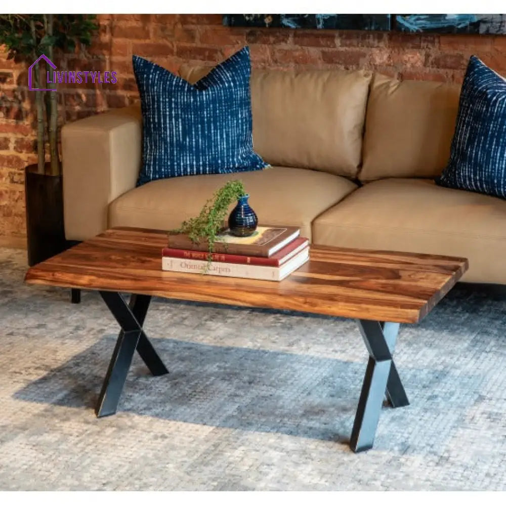 Sejal Sheesham Wood Coffee Table with Metal Base (Double Cross Sheesham Wood)