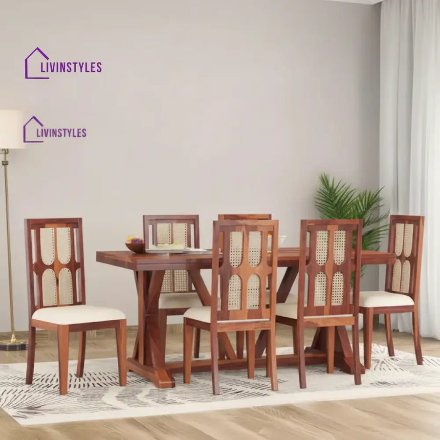 Semyon Solid Wood Sheesham 6 Seater Dining Set with Cushion (Honey Finish)