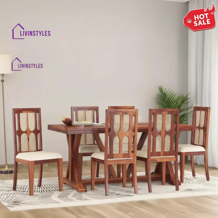 Semyon Solid Wood Sheesham 6 Seater Dining Set with Cushion (Honey Finish)