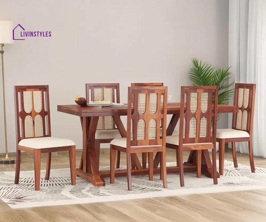 Semyon Solid Wood Sheesham 6 Seater Dining Set with Cushion (Honey Finish)