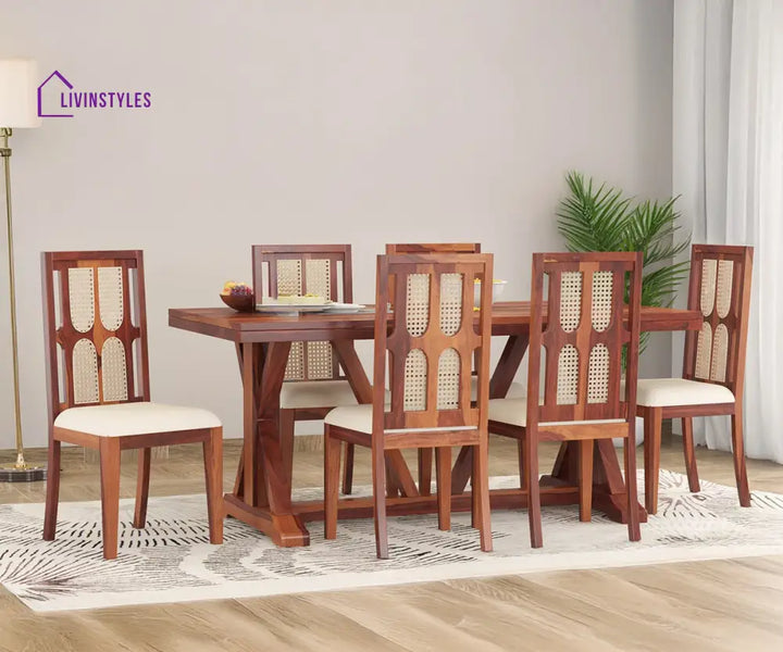 Semyon Solid Wood Sheesham 6 Seater Dining Set with Cushion (Honey Finish)