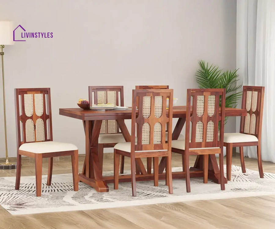 Semyon Solid Wood Sheesham 6 Seater Dining Set with Cushion (Honey Finish)