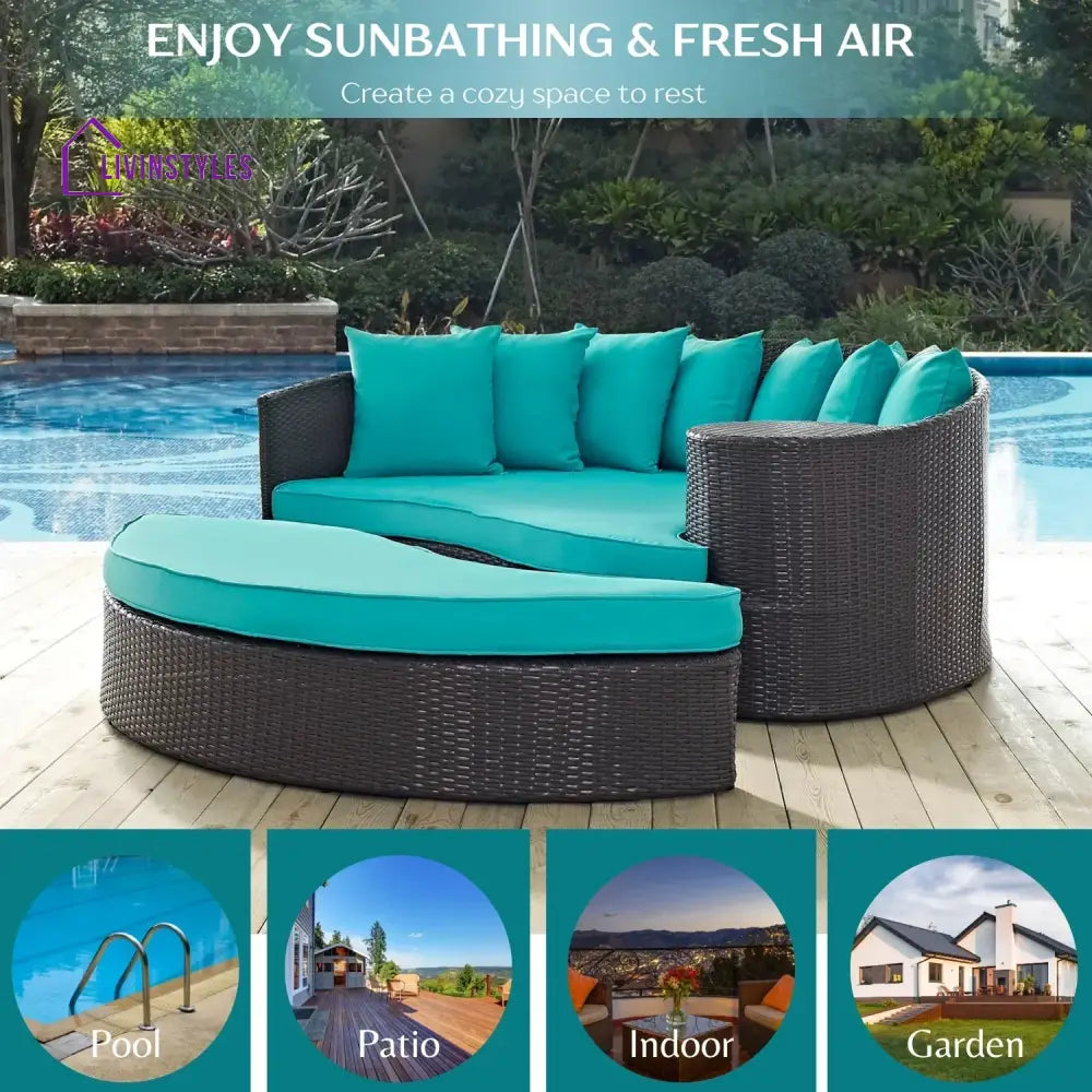 Senta Outdoor Rattan Wicker Daybed (Dark Brown & Turquoise Blue) - Daybed