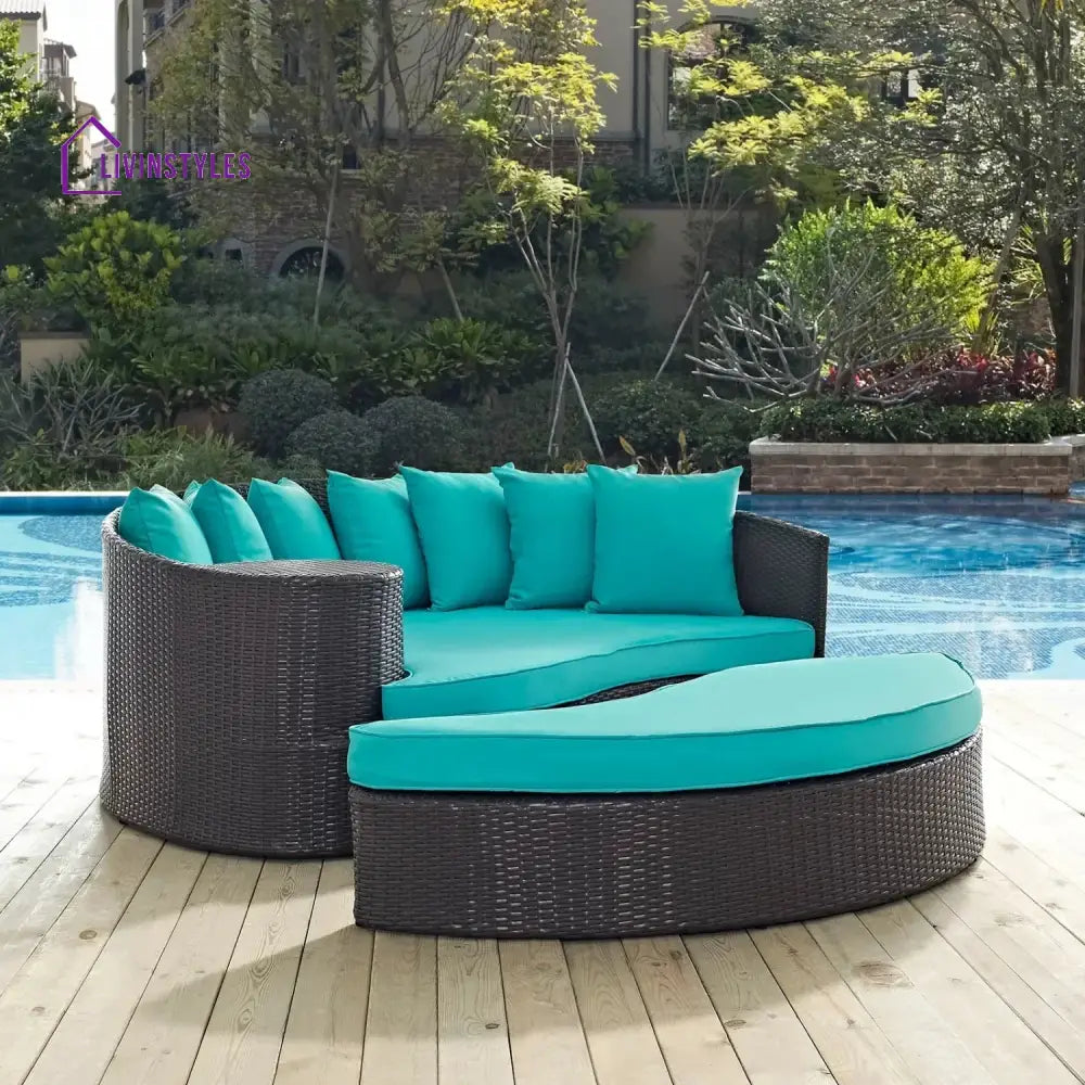 Senta Outdoor Rattan Wicker Daybed (Dark Brown & Turquoise Blue) - Daybed