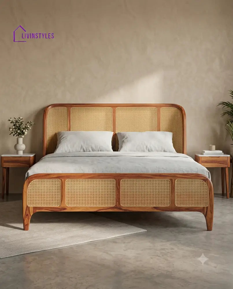 Senthil Wooden Bed with Cane Weaving Headboard Design | Bed without Storage