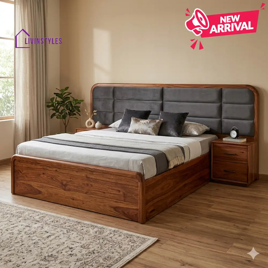 Sergei Premium Sheesham Wood Bed with Velvet Headboard