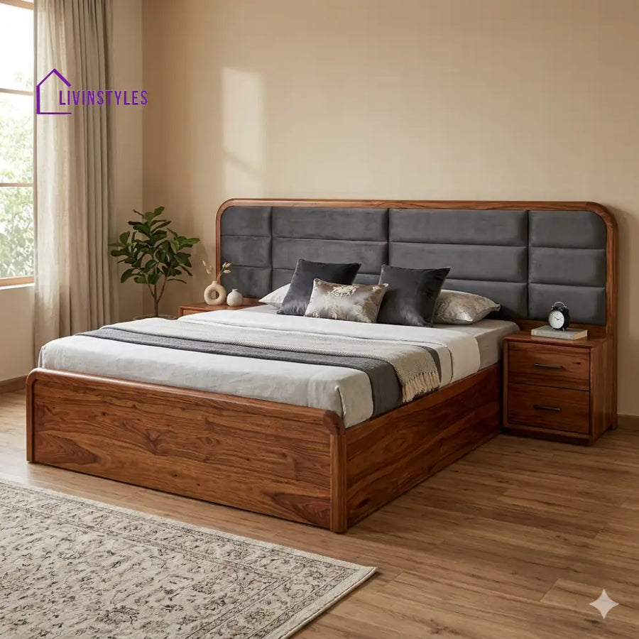Sergei Premium Sheesham Wood Bed with Velvet Headboard
