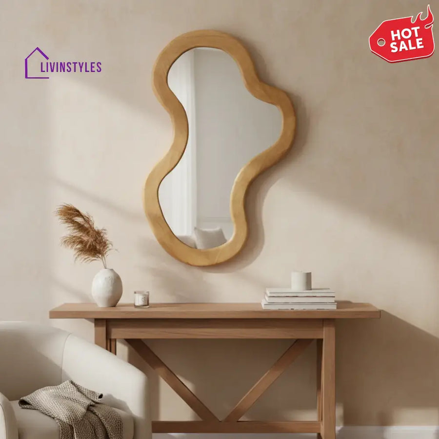 Fluid Cloud Wall Mirror - Asymmetrical Natural Wood Framed Mirror - Modern Scandi-Style Aesthetic Home Decor - Wall