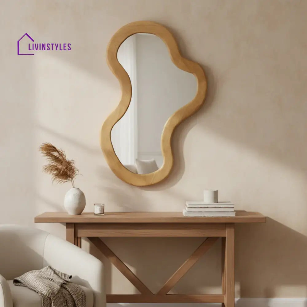Fluid Cloud Wall Mirror - Asymmetrical Natural Wood Framed Mirror - Modern Scandi-Style Aesthetic Home Decor - Wall