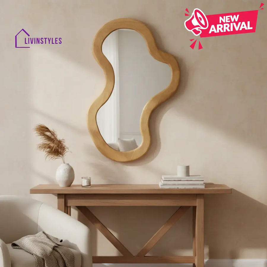 Fluid Cloud Wall Mirror - Asymmetrical Natural Wood Framed Mirror - Modern Scandi-Style Aesthetic Home Decor - Wall