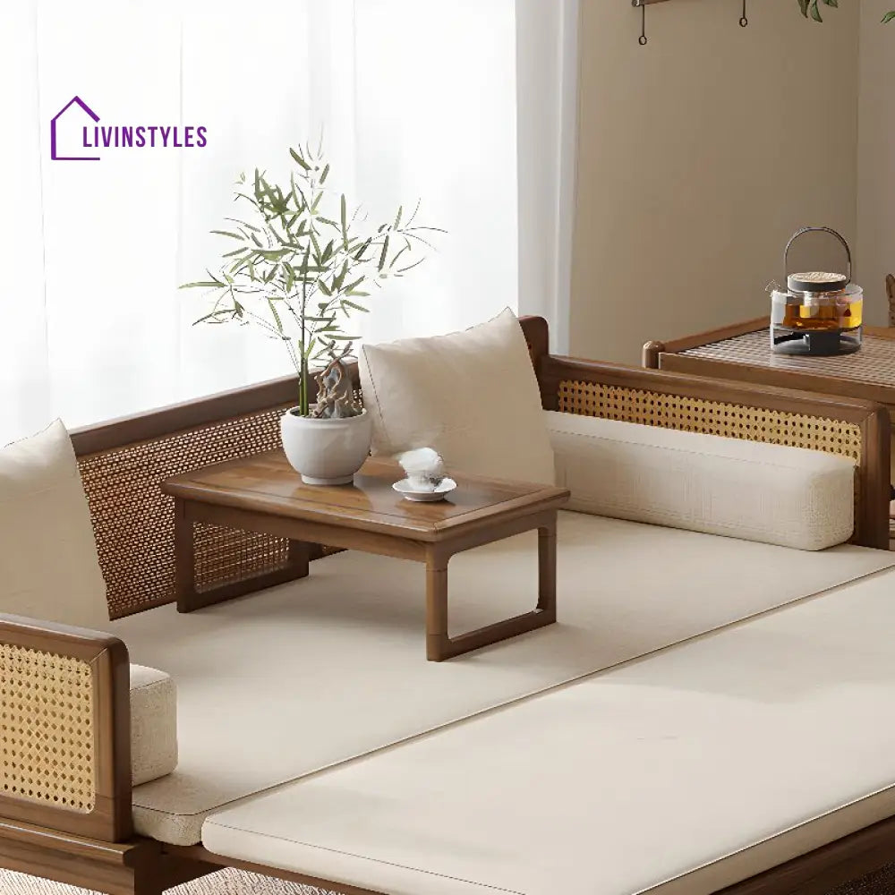 Sergey Solid Wood and Cane Weaving Sofa Come Bed