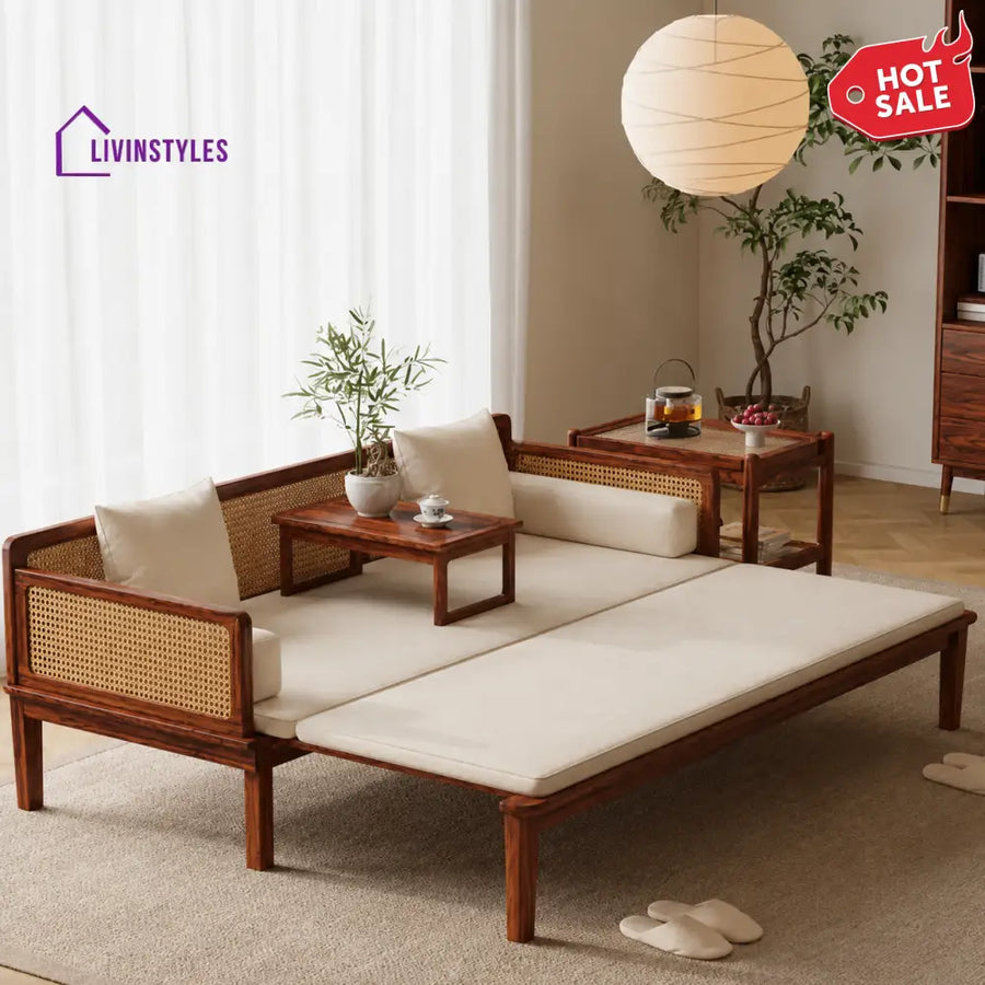 Sergey Solid Wood and Cane Weaving Sofa Come Bed