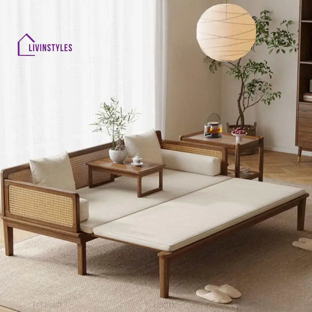 Sergey Solid Wood and Cane Weaving Sofa Come Bed