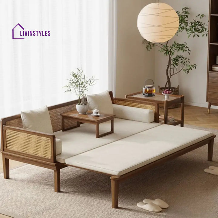 Sergey Solid Wood and Cane Weaving Sofa Come Bed